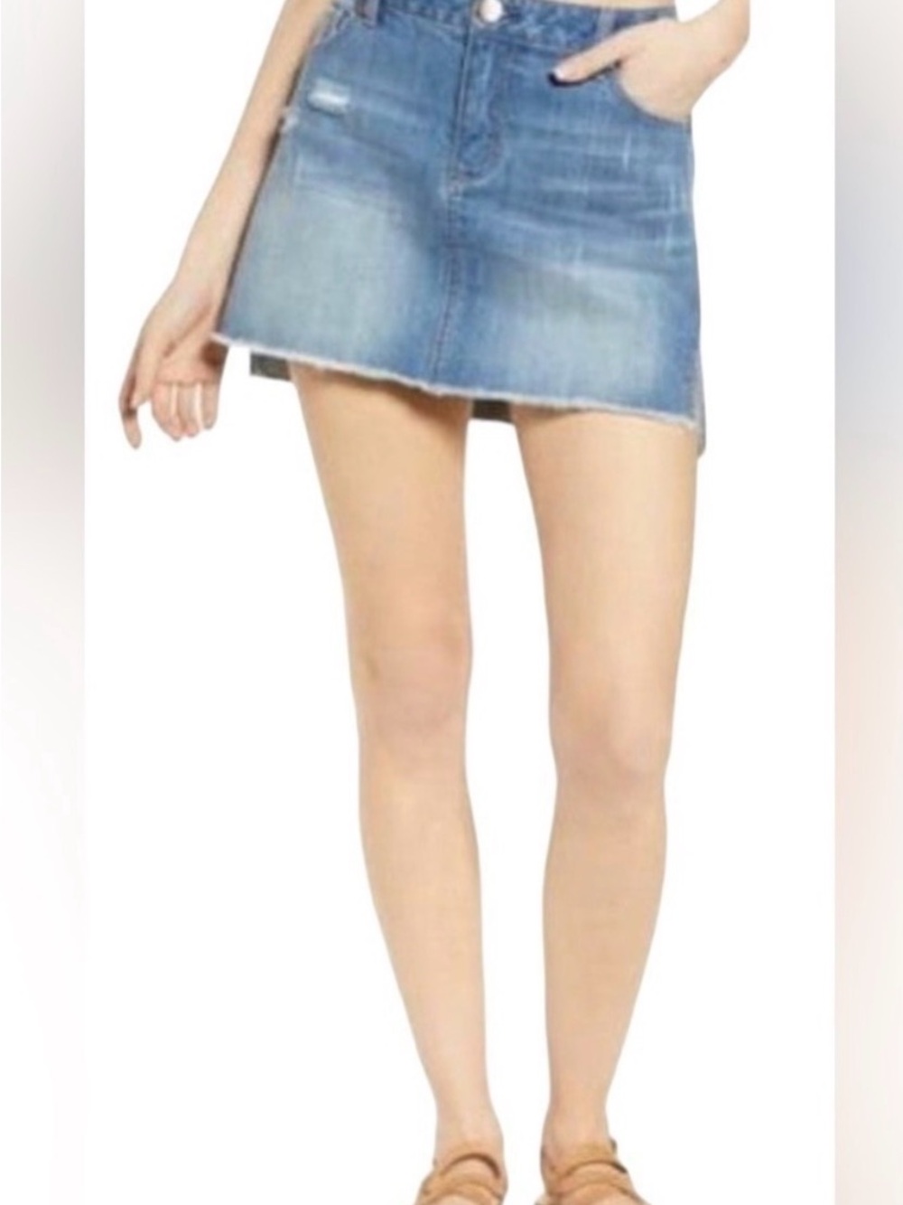 1822 Denim Light Blue Frayed Hem Mini Skirt